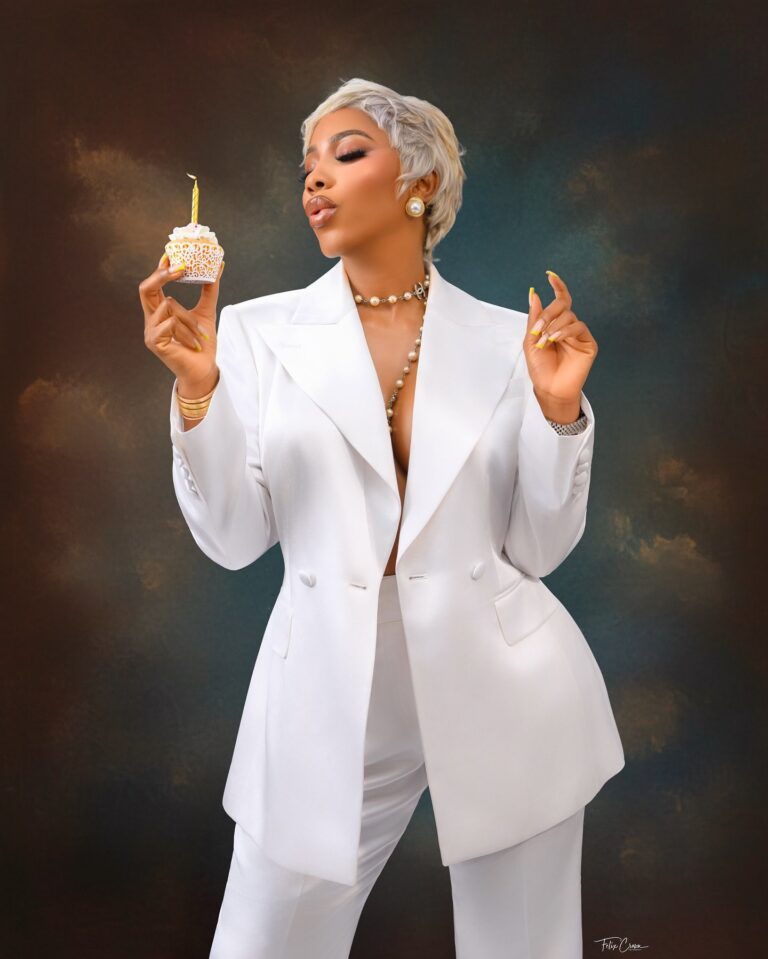Mercy Eke’s Birthday Photos Serve Chic Suiting, Pearls & a Candlelit Wish